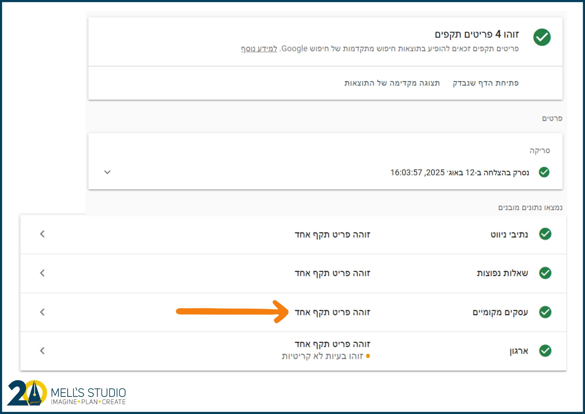 טבלה המציגה תוצאה ירוקה של כלי לבדיקת תוצאות עשירות