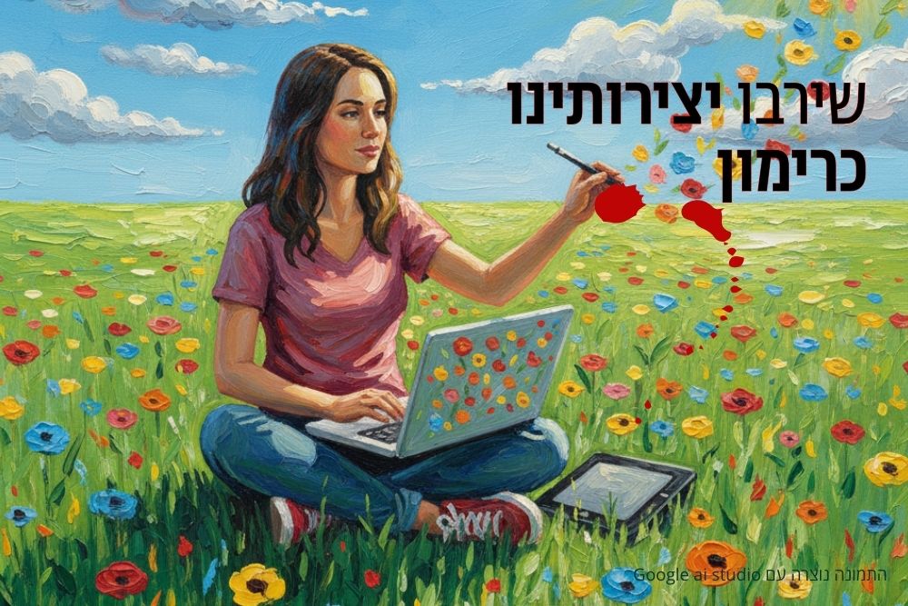 גרפיקאית עם לפטופ בשדה פרחים