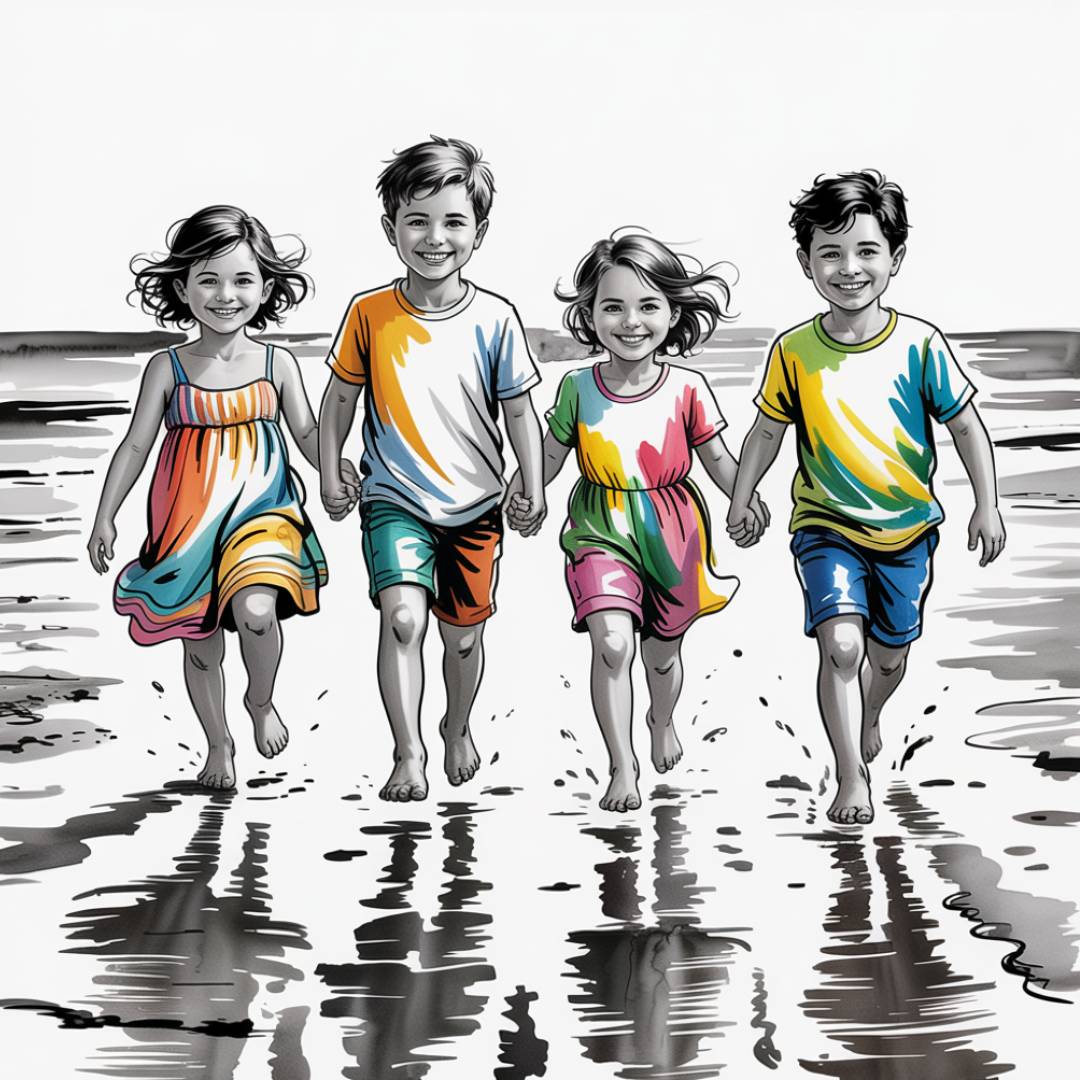 "ילדים רצים בים: איור פחם וצבעי מים בסגנון Color Splash
